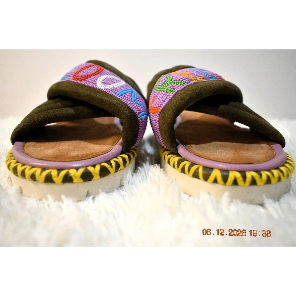 Rue De La Lune X Freedom Beaded Platforms Olive Suede Multicolor - Women's 39/8